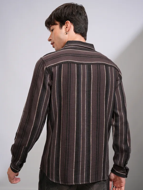 Highlander Men Brown Striped Relaxed Fit Casual Shirt