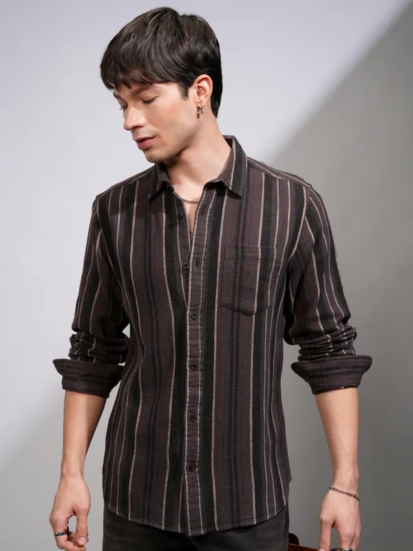 Highlander Men Brown Striped Relaxed Fit Casual Shirt