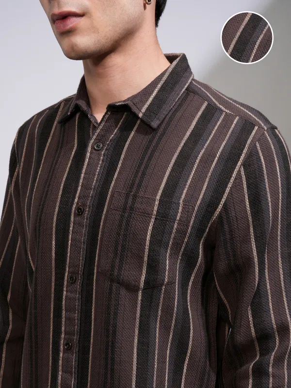 Highlander Men Brown Striped Relaxed Fit Casual Shirt