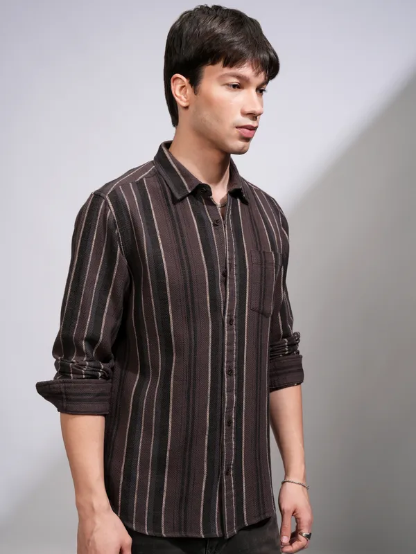 Highlander Men Brown Striped Relaxed Fit Casual Shirt