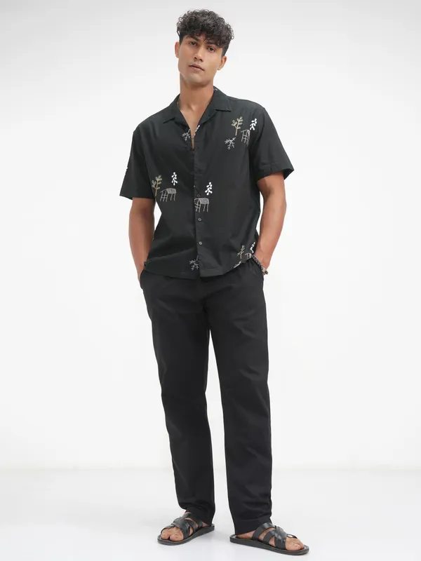 Highlander Men Black Embroidered Relaxed Fit Casual Shirt