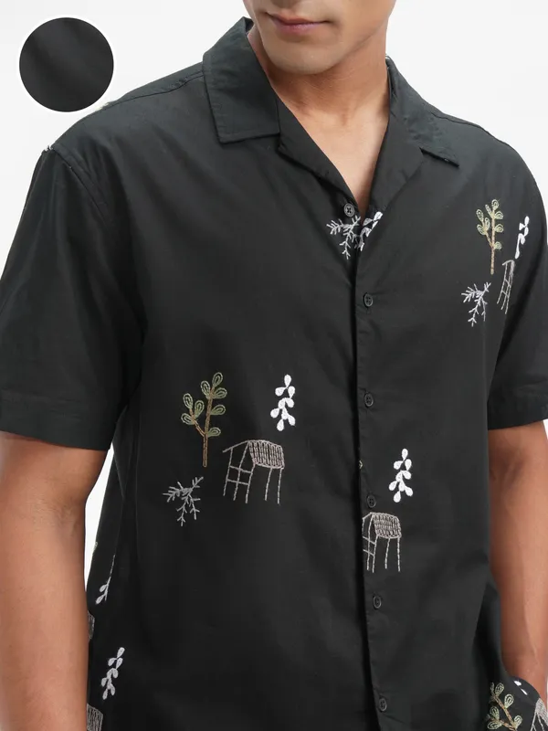 Highlander Men Black Embroidered Relaxed Fit Casual Shirt