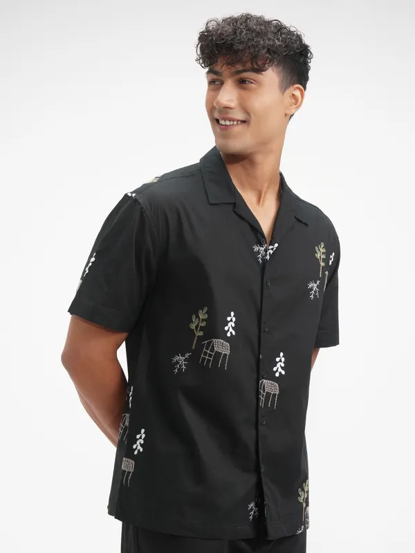 Highlander Men Black Embroidered Relaxed Fit Casual Shirt