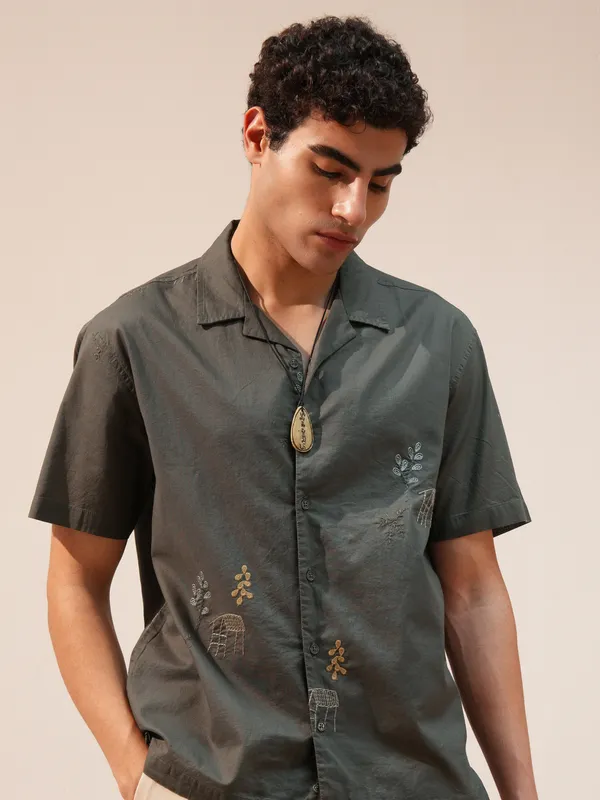 Highlander Men Olive Embroidered Relaxed Fit Casual Shirt