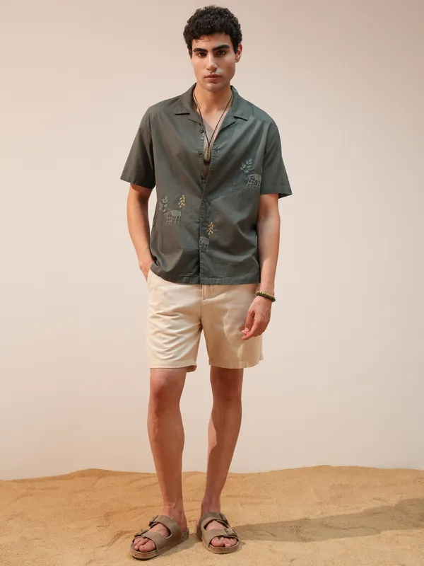 Highlander Men Olive Embroidered Relaxed Fit Casual Shirt