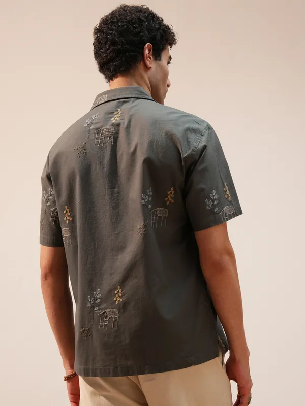 Highlander Men Olive Embroidered Relaxed Fit Casual Shirt