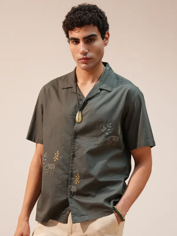 Highlander Men Olive Embroidered Relaxed Fit Casual Shirt