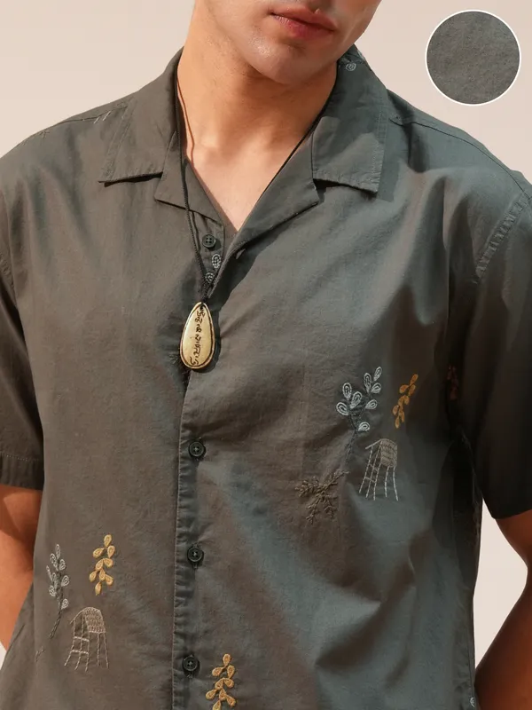 Highlander Men Olive Embroidered Relaxed Fit Casual Shirt