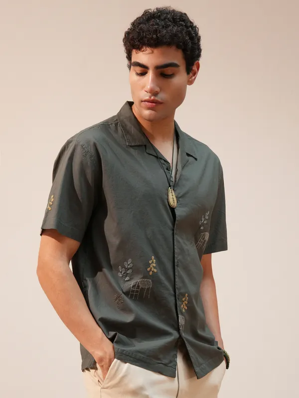 Highlander Men Olive Embroidered Relaxed Fit Casual Shirt