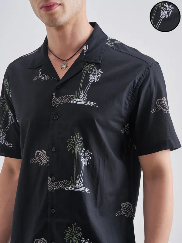 Highlander Men Black Embroidered Relaxed Fit Casual Shirt