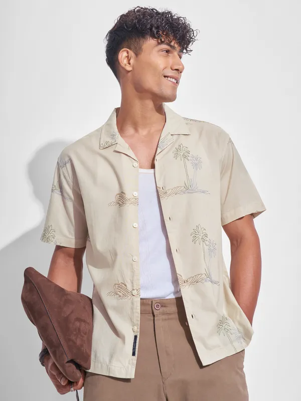 Highlander Men Cream Embroidered Relaxed Fit Casual Shirt