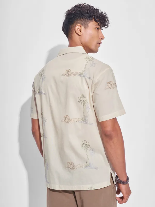 Highlander Men Cream Embroidered Relaxed Fit Casual Shirt