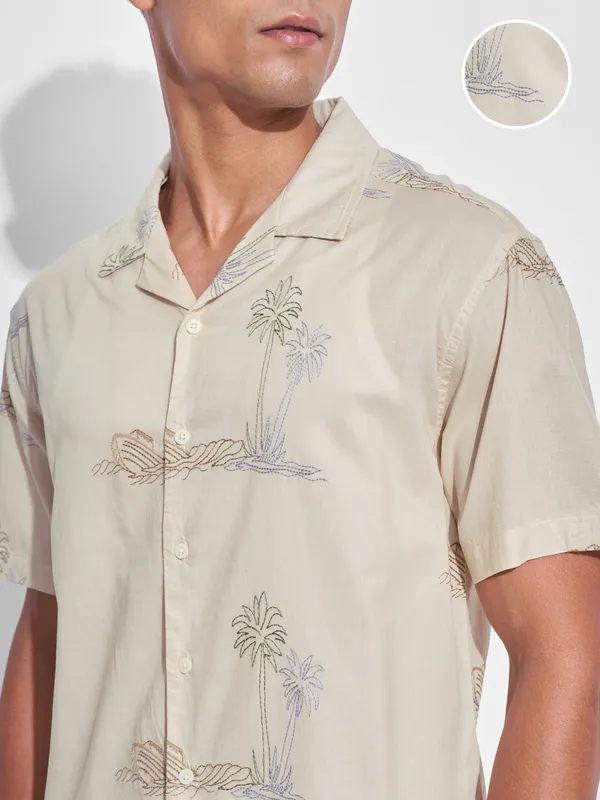 Highlander Men Cream Embroidered Relaxed Fit Casual Shirt