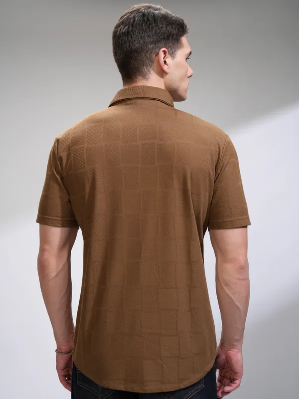 Highlander Men Brown Textured Slim Fit Casual Shirt