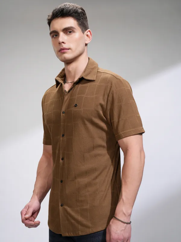 Highlander Men Brown Textured Slim Fit Casual Shirt