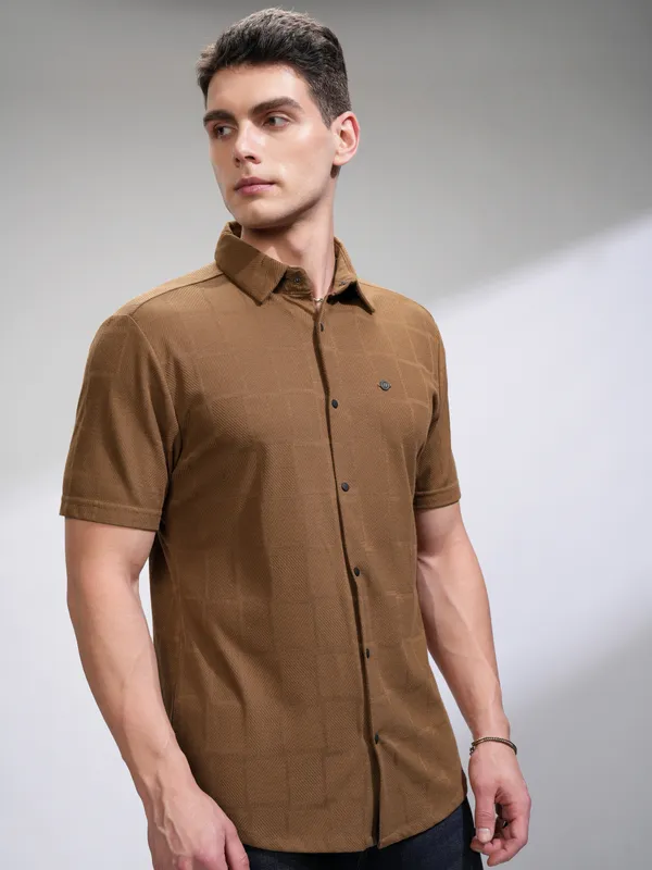 Highlander Men Brown Textured Slim Fit Casual Shirt