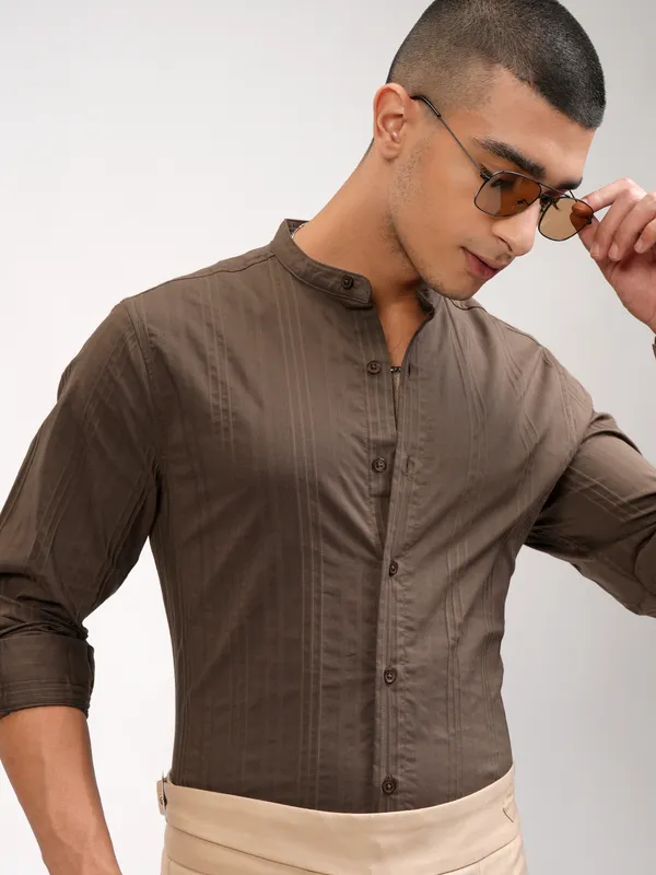 Highlander Men Brown Striped Slim Fit Casual Shirt