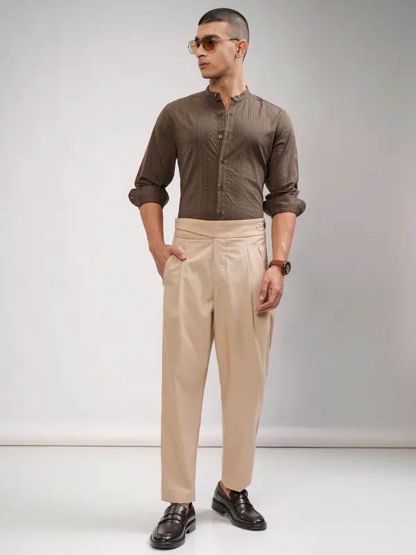 Highlander Men Brown Striped Slim Fit Casual Shirt