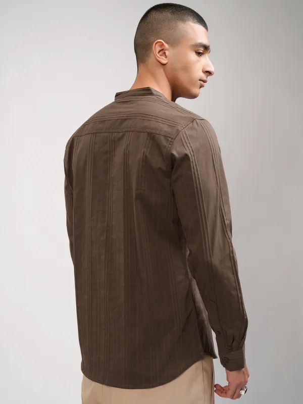 Highlander Men Brown Striped Slim Fit Casual Shirt