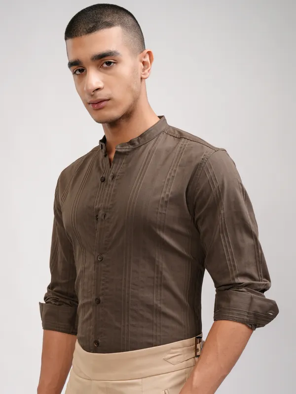 Highlander Men Brown Striped Slim Fit Casual Shirt