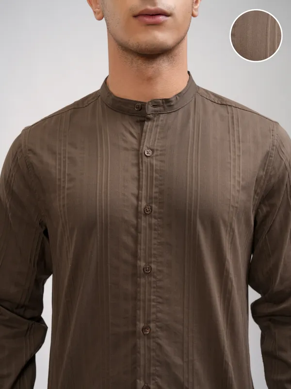 Highlander Men Brown Striped Slim Fit Casual Shirt