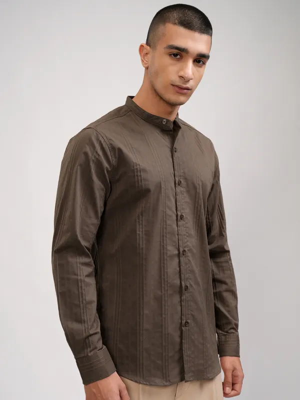 Highlander Men Brown Striped Slim Fit Casual Shirt