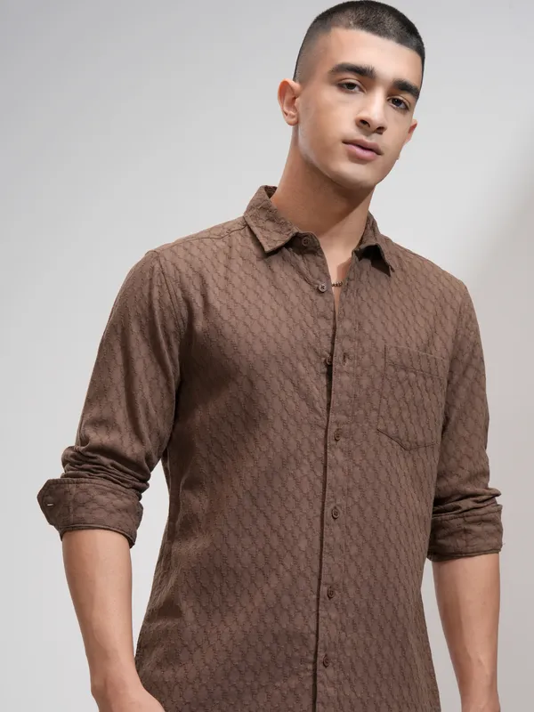Highlander Men Brown Textured Slim Fit Casual Shirt