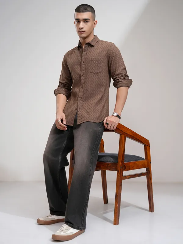 Highlander Men Brown Textured Slim Fit Casual Shirt
