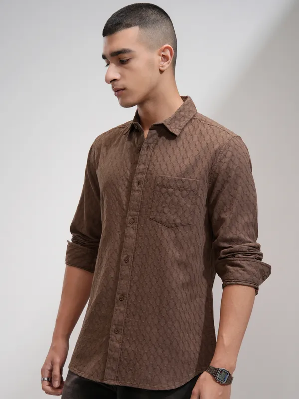Highlander Men Brown Textured Slim Fit Casual Shirt