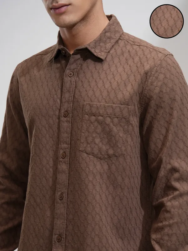 Highlander Men Brown Textured Slim Fit Casual Shirt