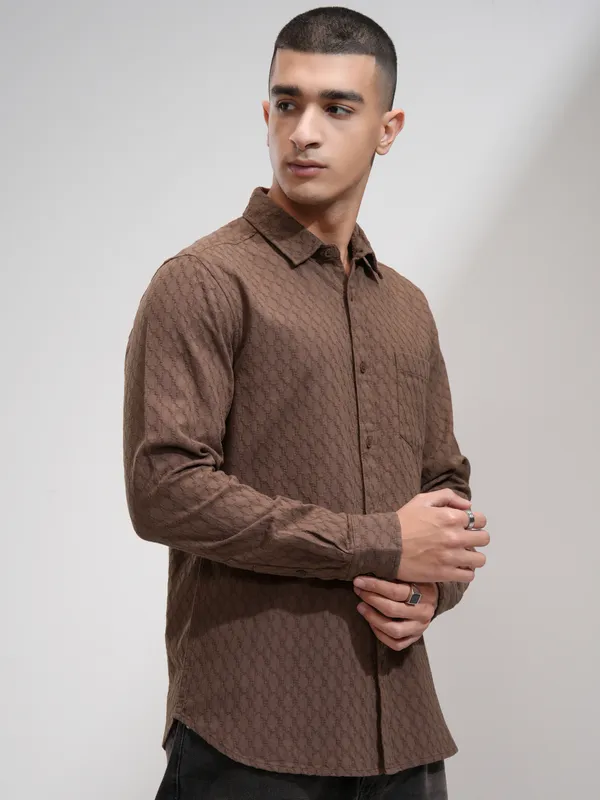 Highlander Men Brown Textured Slim Fit Casual Shirt