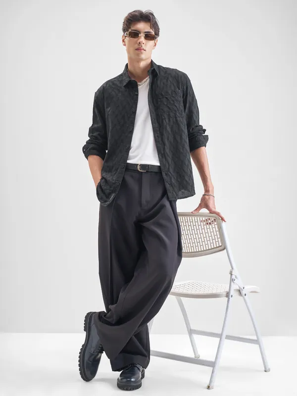 Highlander Men Black Self Design Relaxed Fit Casual Shirt