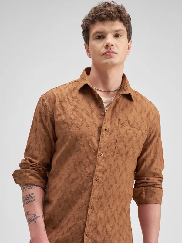Highlander Men Rust Self Design Regular Fit Casual Shirt