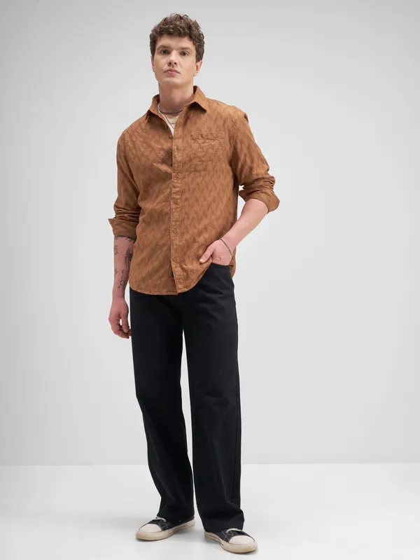 Highlander Men Rust Self Design Regular Fit Casual Shirt