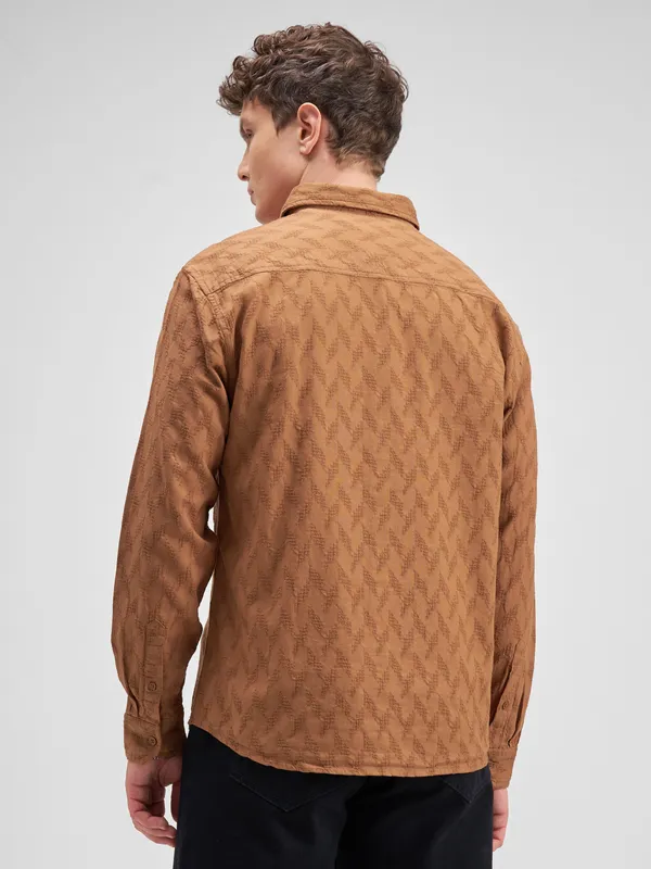 Highlander Men Rust Self Design Regular Fit Casual Shirt