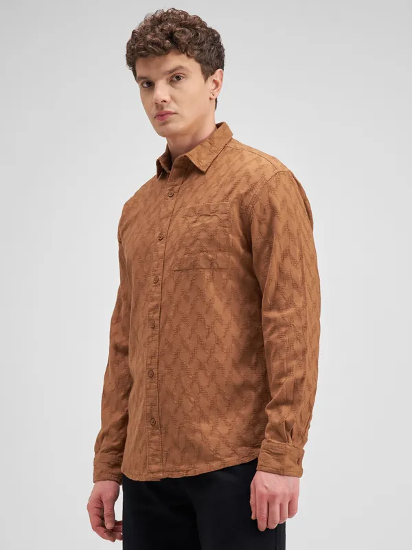 Highlander Men Rust Self Design Regular Fit Casual Shirt
