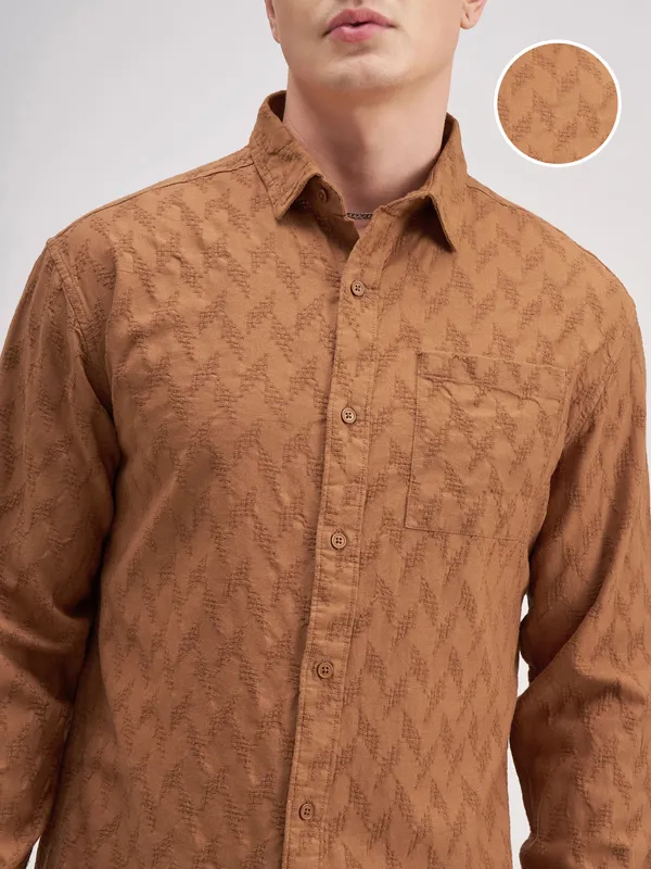 Highlander Men Rust Self Design Regular Fit Casual Shirt