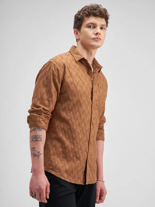 Highlander Men Rust Self Design Regular Fit Casual Shirt