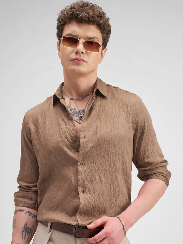 Highlander Men Tan Self Design Regular Fit Casual Shirt
