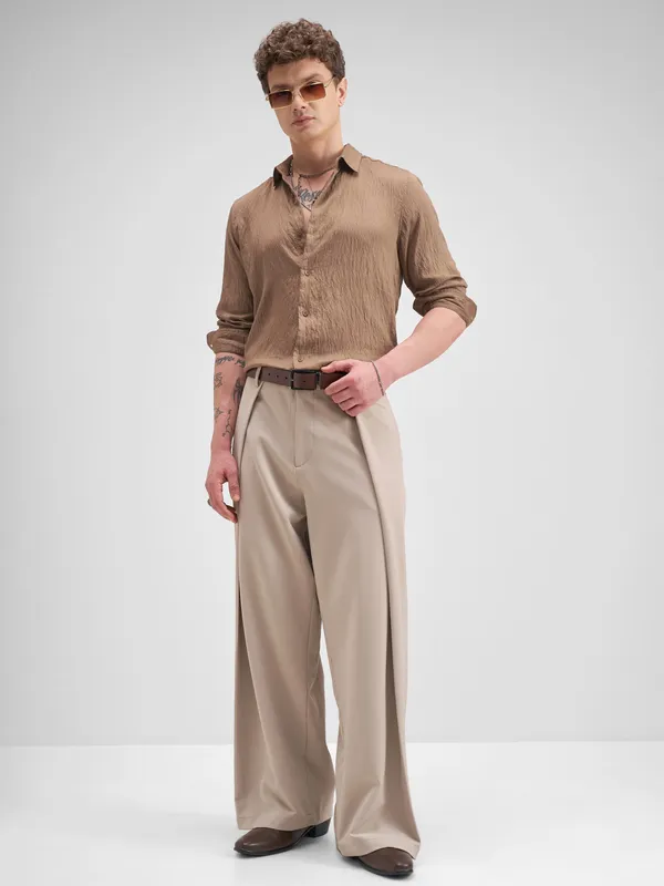 Highlander Men Tan Self Design Regular Fit Casual Shirt