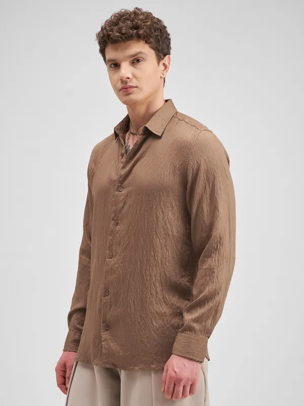 Highlander Men Tan Self Design Regular Fit Casual Shirt