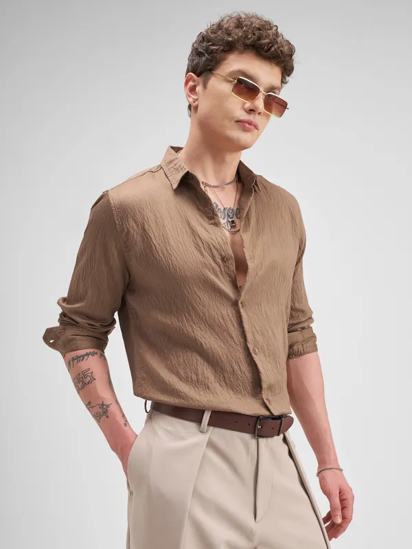 Highlander Men Tan Self Design Regular Fit Casual Shirt