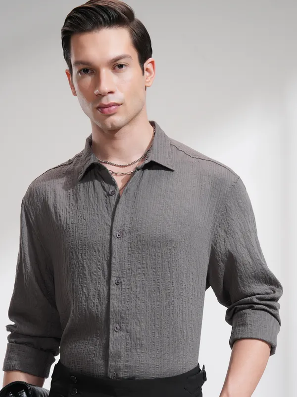 Highlander Men Grey Striped Relaxed Fit Casual Shirt