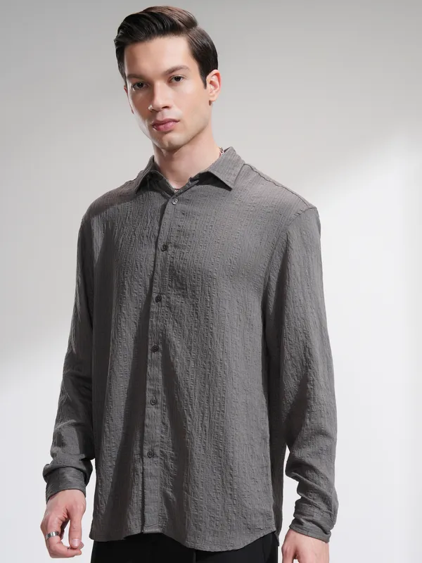 Highlander Men Grey Striped Relaxed Fit Casual Shirt