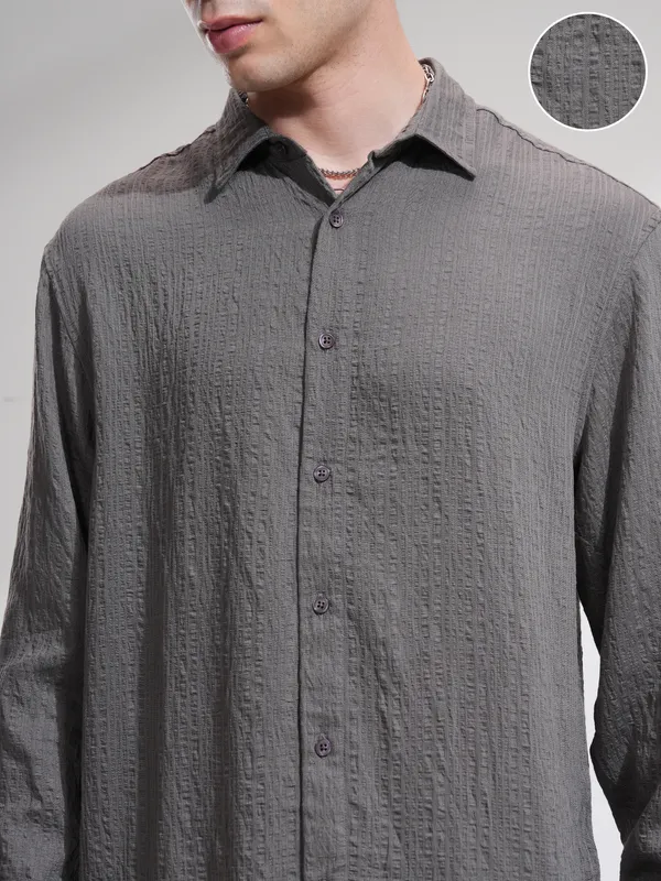 Highlander Men Grey Striped Relaxed Fit Casual Shirt