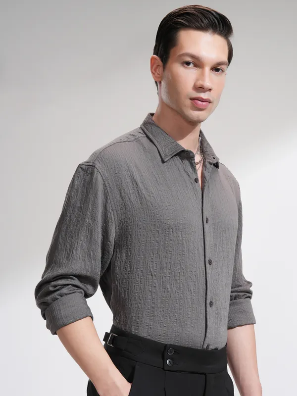 Highlander Men Grey Striped Relaxed Fit Casual Shirt