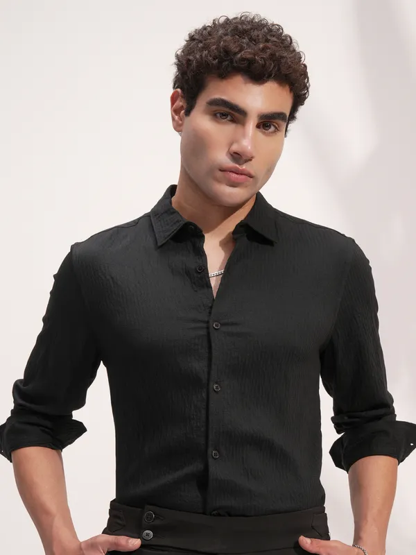 Highlander Men Black Self Design Slim Fit Casual Shirt