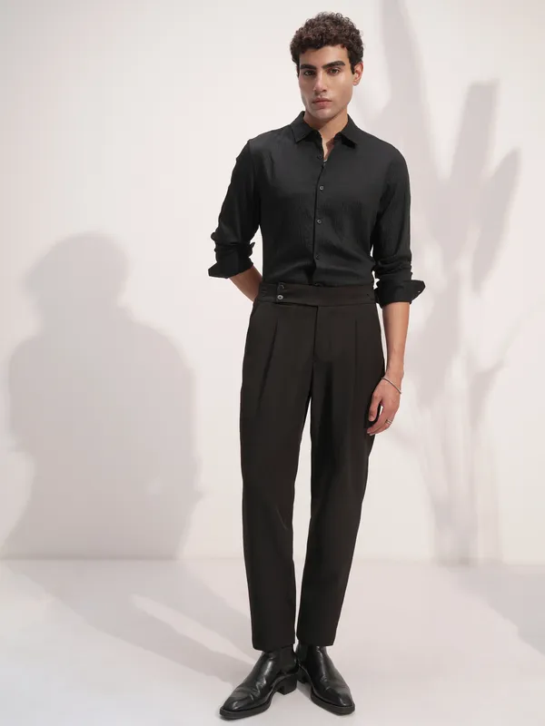 Highlander Men Black Self Design Slim Fit Casual Shirt