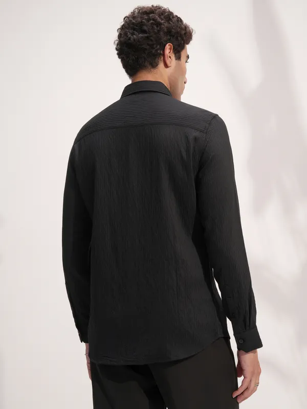 Highlander Men Black Self Design Slim Fit Casual Shirt