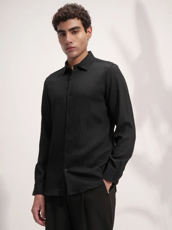 Highlander Men Black Self Design Slim Fit Casual Shirt